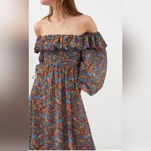 For Love And Lemons Size 1X Brittany Blue Floral Open Back Sheer Midi Dress NWT